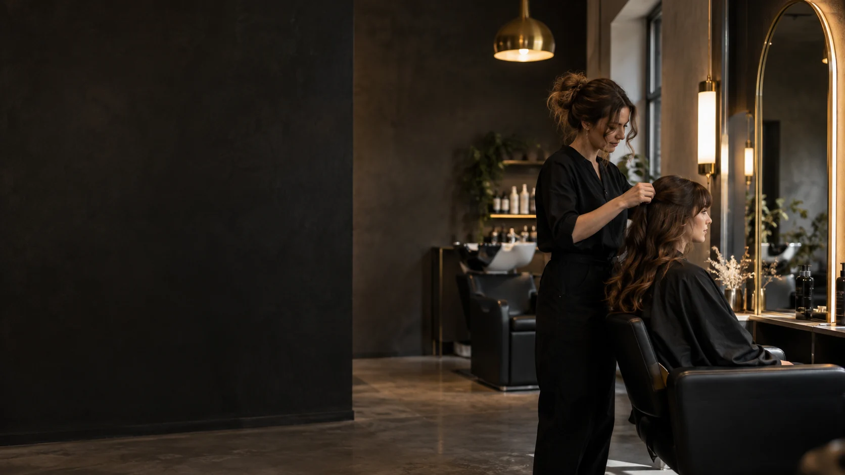 Une professionnelle coiffe une cliente dans un salon chaleureux